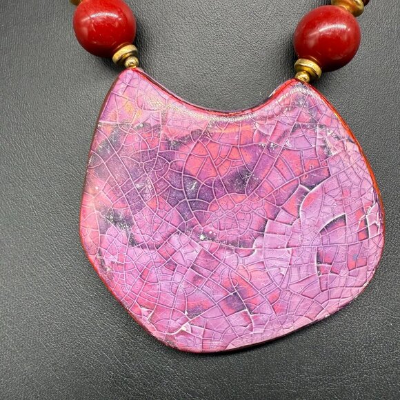 Ceramic Pendant Red Chunky Beads Choker Statement Necklace - Picture 4 of 10
